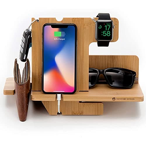 JackCubeDesign Wood Docking Station Nightstand Organizer Key Holder Wallet Stand Watch Gift Anniversary for Men Dad Father Birthday Graduation Gadgets Compatible with iPhone iWatch AirPods MK242A