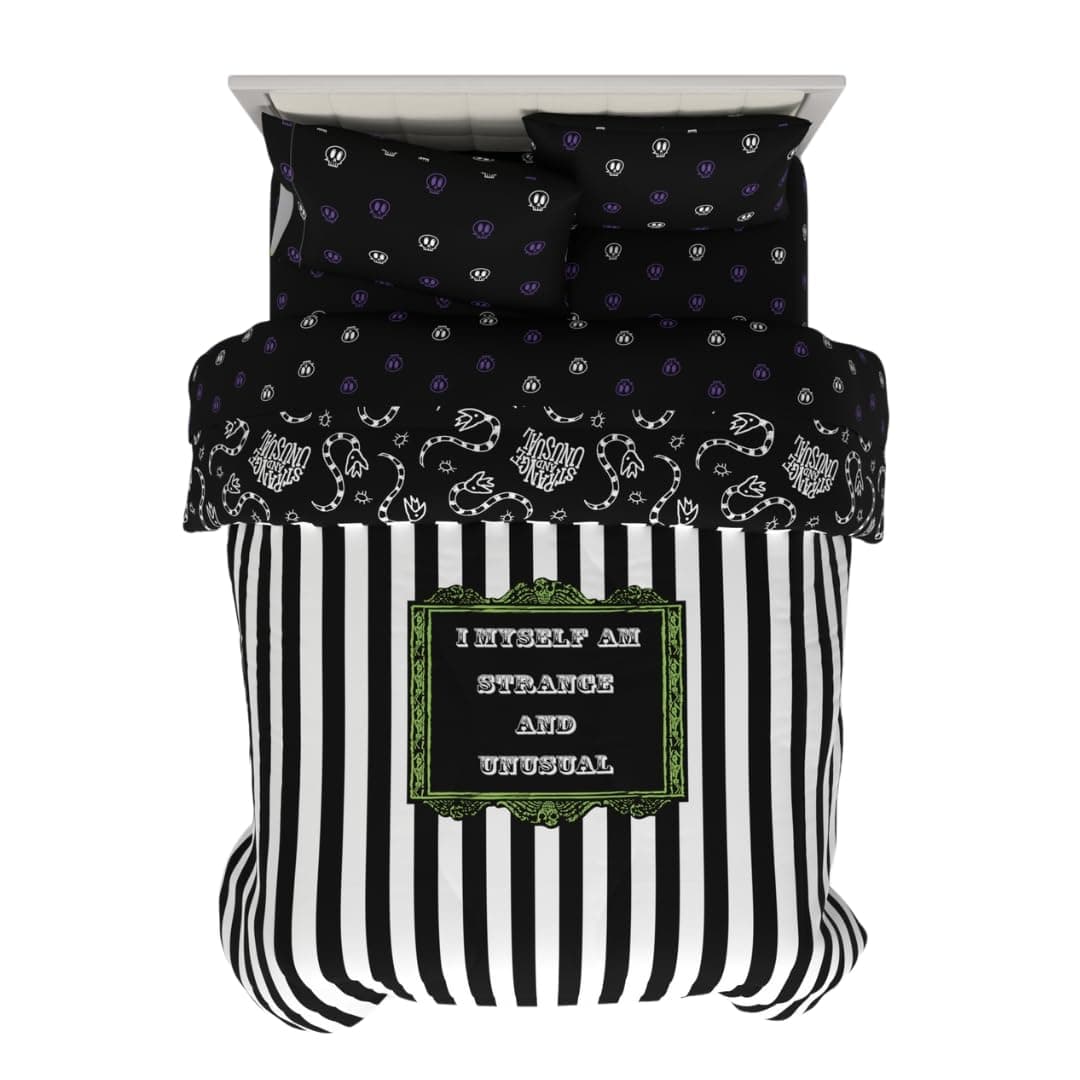 Franco Collectibles Beetlejuice Halloween Striped Bedding 5 Piece Super Soft Reversible Comforter and Sheet Set Queen Officially Licensed Product