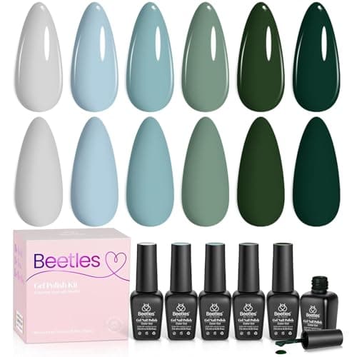 Beetles Green Gel Polish Set - 6 Colors Dark Green Baby Blue Gray Summer Color Gel Nail Polish Misty Soak Off DIY Home Uv Nails Gifts for Women Girls day