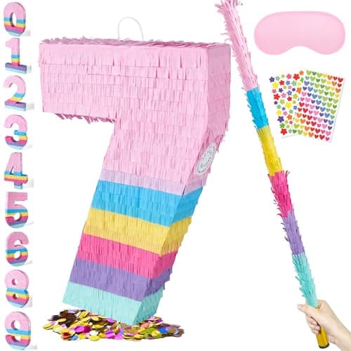 PCFING 20 Inch Number 7 Piata Candy Color with 30 Inch Piata Stick Blindfold Confetti for Boys Girls Adults Birthday Party Decorations Anniversary Celebration Fiesta