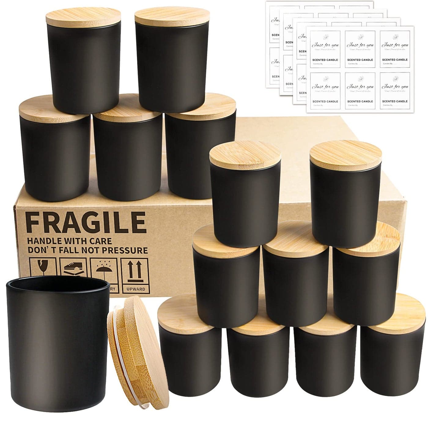 CONNOO 15 Pack 7 OZ Matte Black Candle Jars with Bamboo Lids for Making Candles Thick Glass Candle Jars Empty Jars in Bulk with lids Dishwasher Safe