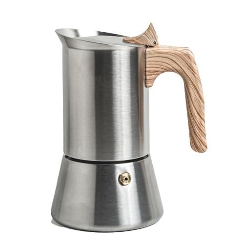 Sipologie Induction Moka Pot Espresso Maker, 220ml, Stovetop and Induction Heater Compatible, Premium 18/8 Stainless Steel, Wood Design Handle Coffee Percolator