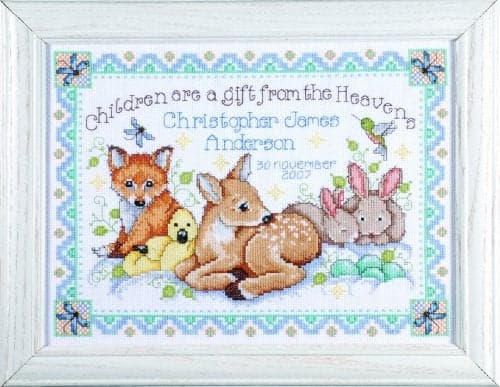Design Works Crafts Counted Cross Stitch Woodland Baby Sampler 12 by 13 inches white