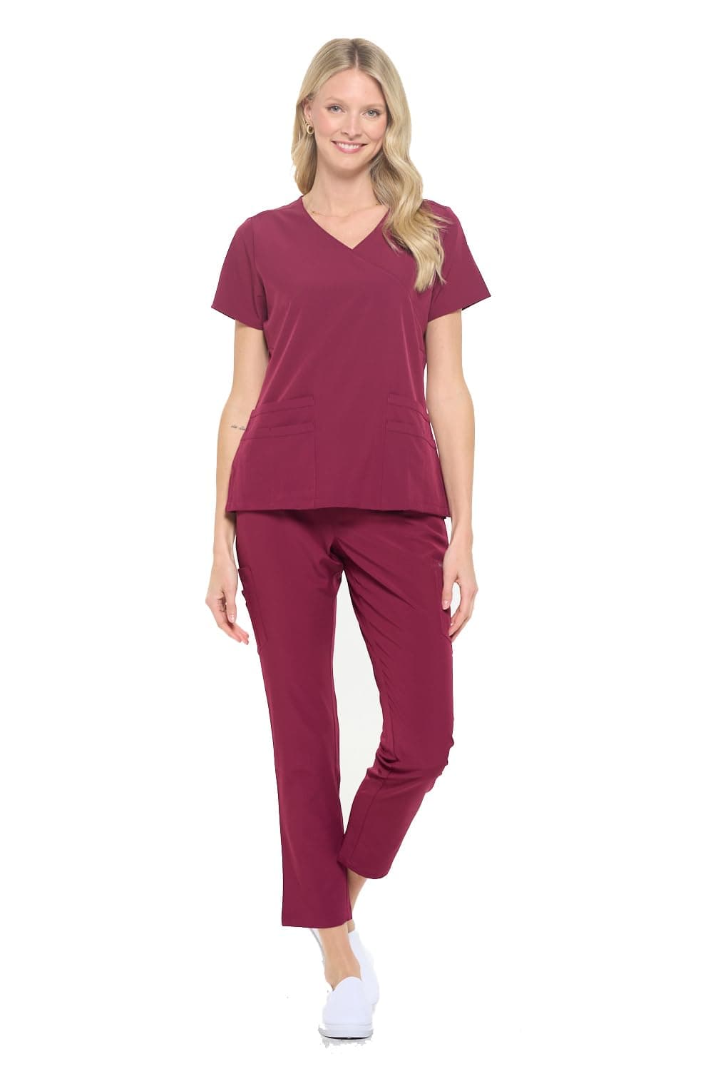 Dagacci Medical Uniform Womens Fitted 4Way Stretch Y Neck Natural Stretch Scrub Set Burgundy M