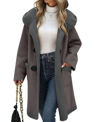 UMIPUBO Women Suede Sherpa Fleece Lined Duffle Faux Leather Coat Mid Length Hooded Toggle Jacket with Pockets, Winter Trendy Warm Outerwear(Dark Grey,M)