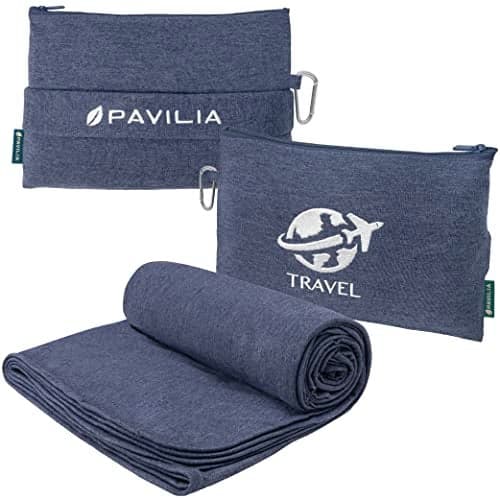 PAVILIA Travel Blanket Compact, Airplane Packable Bag, Soft Fleece Portable Throw Pillow Combo Set, Plane Flight Car Trips Essentials Gift Accessories, Luggage Backpack Clip, Navy Blue, 65 x 40 inch
