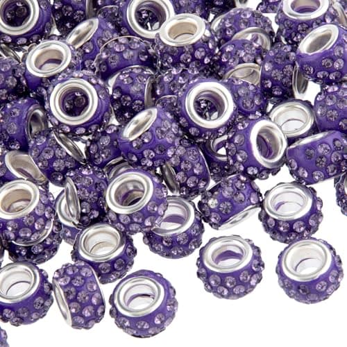 SmallCat 50 PCS 12 mm Large Hole Rhinestone Beads Purple Crystal Rhinestone Spacer European Beads Diamond Beads for Hair for Bracelet Jewelry Making DIY