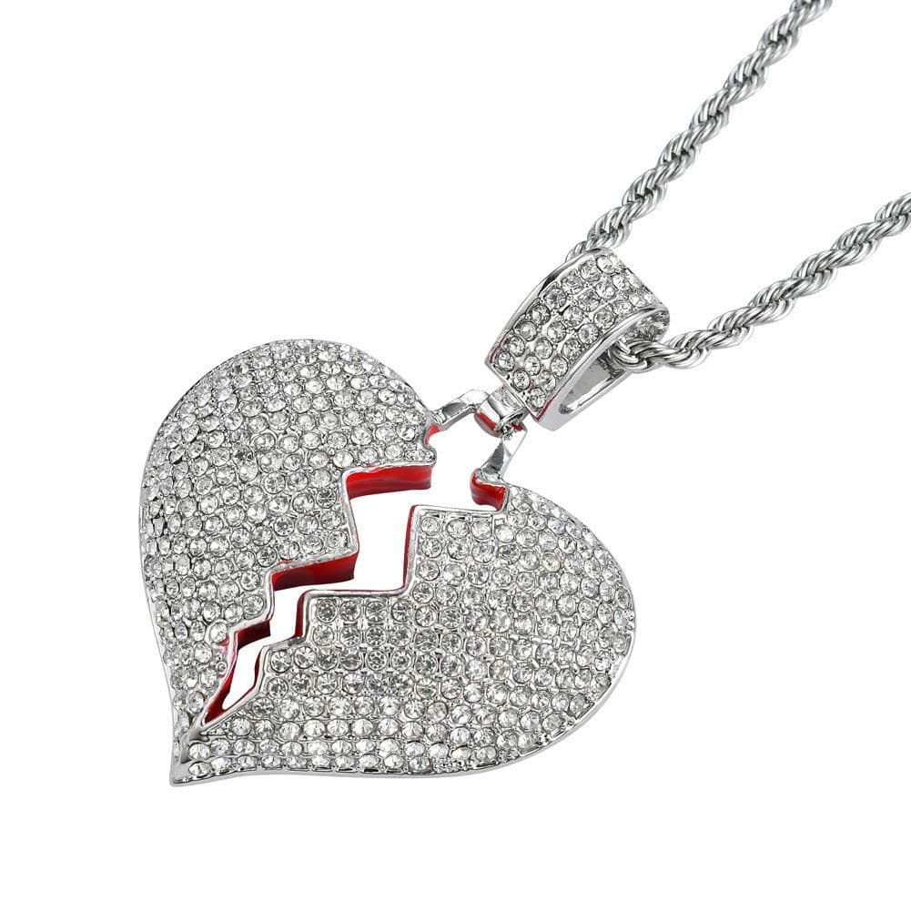 PAMTIER Men's Silver Plated Iced Out Full Diamond Broken Heart Pendant Necklace Chain Charming Hip Hop Jewelry