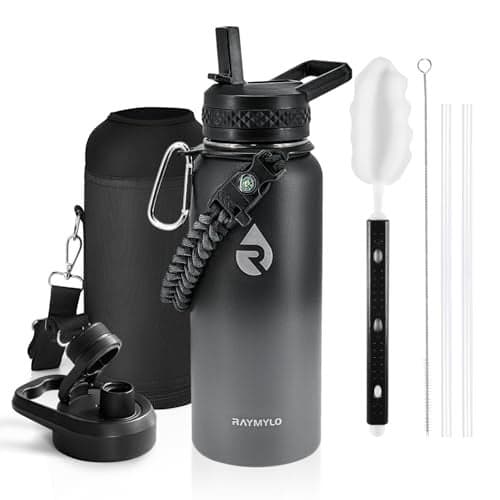 RAYMYLO Insulated Water Bottle 32 oz, Triple Wall Vacuum Stainless Steel (Cold for 48 Hrs), Leak Proof & Non-BPA, Modern Water Flask Jug with Paracord Handle & Straw Spout Lids, Dark Grey