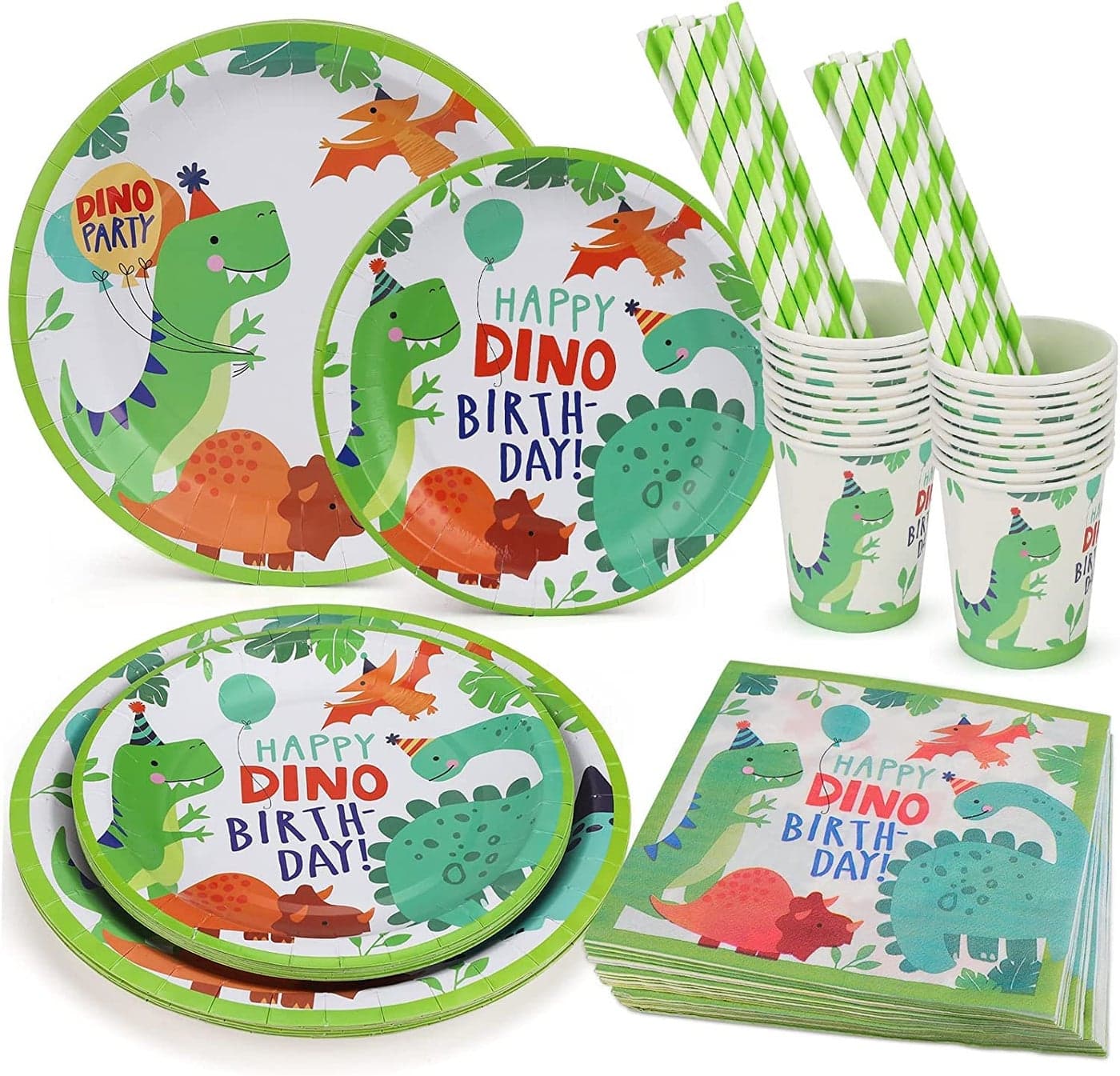 Funvalley Superfect Dinosaur Tableware Set 120 Piece Party Pack with Plates Cups and Napkins in Green Paper Jungle Safari Decoration for Kids