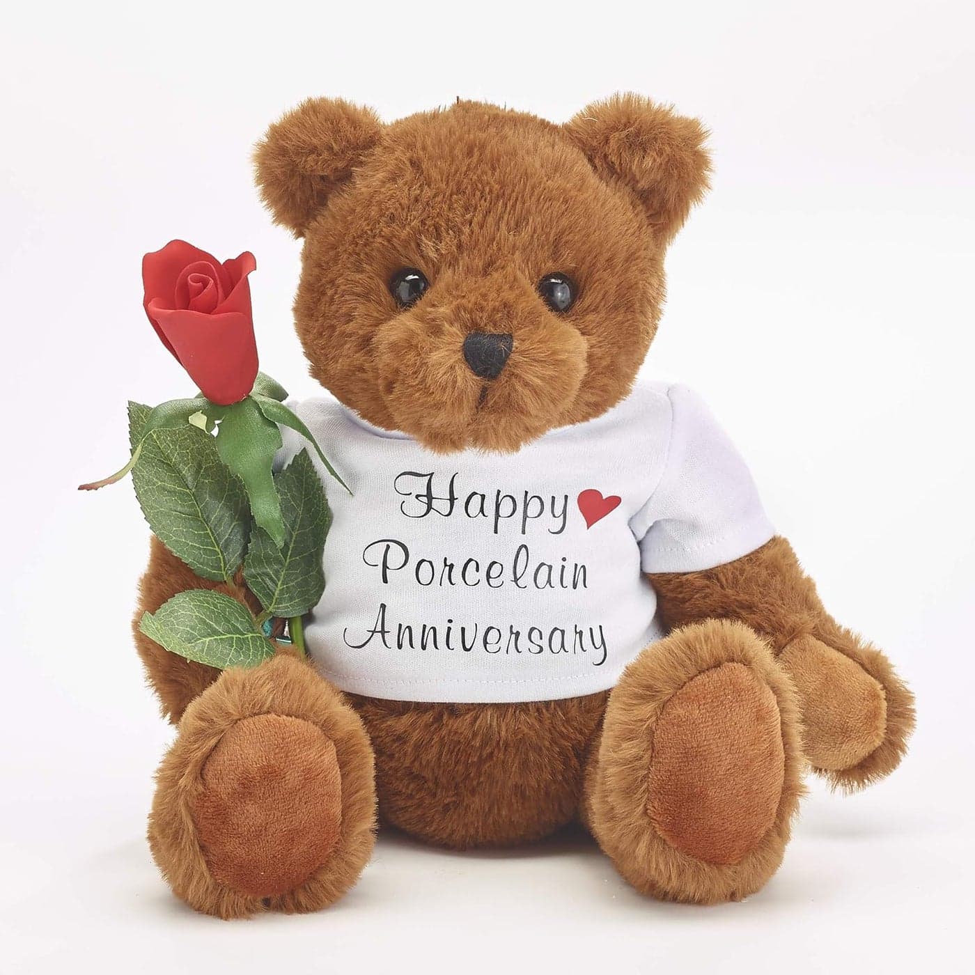 Happy 20th Wedding Anniversary Teddy Bear with Porcelain Rose Gift