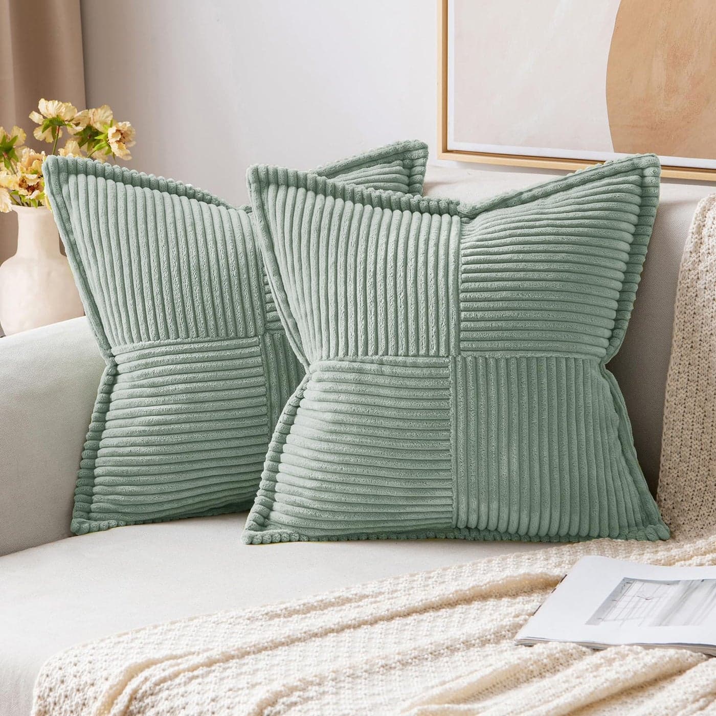 MIULEE Decorative Throw Pillow Covers for Couch Bed Livingroom 18x18 Inch Set of 2 Greyish Green Boho Accent Throw Pllows Broadside Striped Patchwork Soft Corduroy Summer Pillowcases
