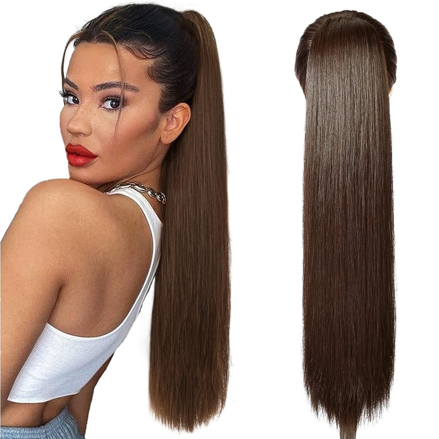 SEIKEA 28 Ponytail Extensions Drawstring Long Straight Fake Pony Tail Natural Soft Clip in Hair Extension Synthetic Heat Resistant Hairpiece Dark Chocolate Brown