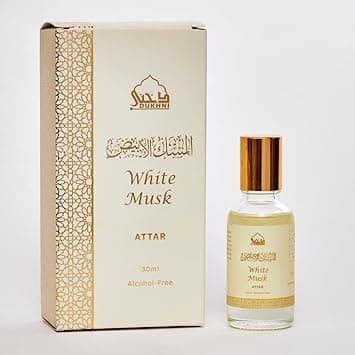 White Musk Attar Oil by Dukhni Arabic perfume oils for men and women 30ml Pure musky attar roll on perfume alcohol free mild scent Eid Ramadan Umrah Gifts Hampers Vegan Islamic Fragrances