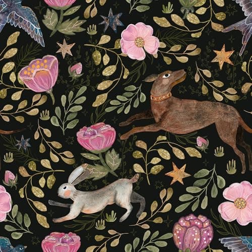 MuralPeel Vintage Pink Flowers Animals Rabbits Leaf Bird Dark Black Peel and Stick Wallpaper Self Adhesive Removable Easy Peel Off Contact Paper Stick on Wall Paper for Bedroom Cabinet Renter Friendly