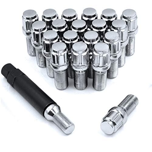 Wheel Accessories Parts Set of 20 Lug Bolts 14x1.25 Locking Spline Chrome Cone Seat M14 x 1.25 Small Diameter Locking Lugs with Socket Key (24mm Shank Length) (20 Lug, M14 x 1.25/14 1.25, Chrome)