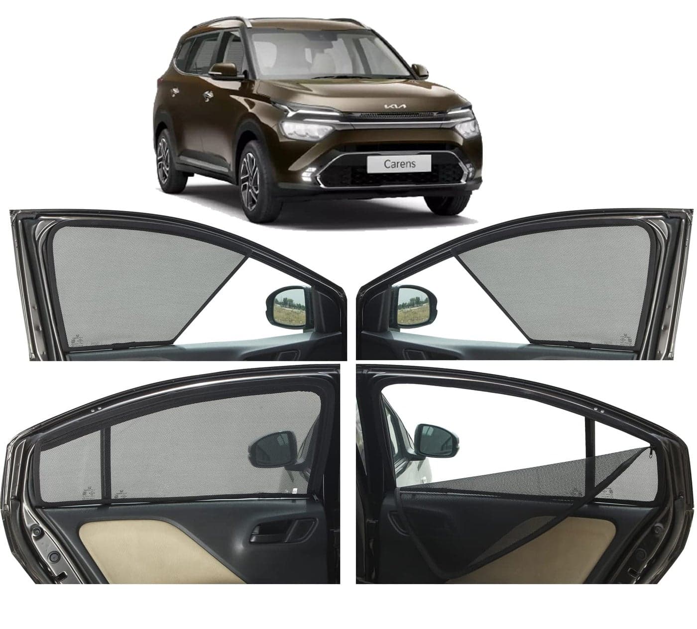 Autofact Magnetic Car Sunshades Compatible with Kia Carens (Set of 4) – Easy Installation, UV Protection, Keeps Car Cool (Front 2 Half-Cut for Side Mirror Visibility, Rear 2 with Zippers)