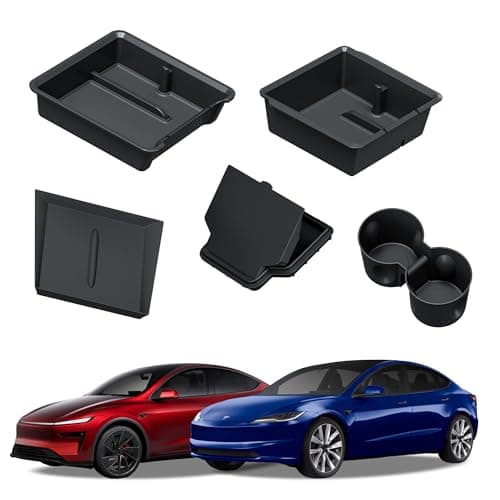 Carwiner 5PCS Center Console Organizer Compatible with 2025-2026 Tesla Model Y Juniper/2024-2026 Model 3 Highland Accessories, Hidden Storage Box, Cup Holder and Silicone Mat(Not Fit Juniper Standard)