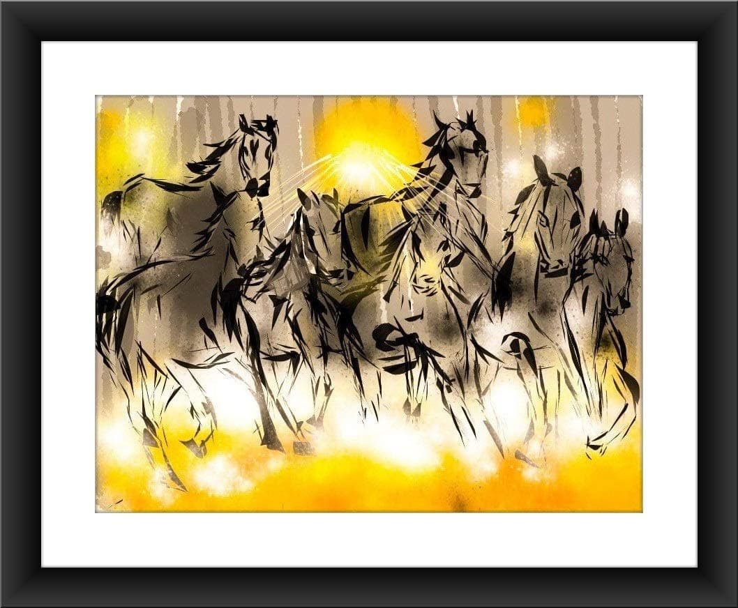 SHSWorks Digital Reprint Fengshui Seven Running Horse Framed Wall Art Canvas Painting Signed by Artist Copyright Protected Artwork Multicolour 23x27 Inch