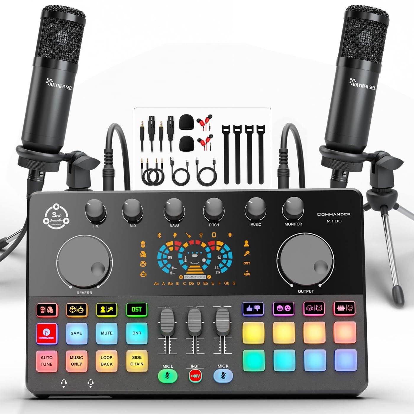 Podcast Equipment Bundle for 2 Audio Interface DJ Mixer with 35mm Condenser Microphone for PC Smartphone Voice changeRGB for Recording Streaming Podcasting Gaming COMMANDER M100 3rd