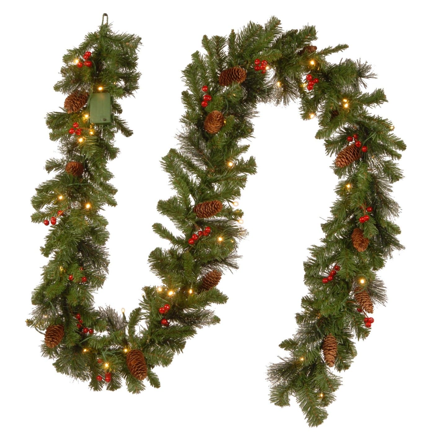 National Tree Company PreLit Artificial Christmas Garland Green Crestwood Spruce White Lights Decorated with Glitter Pinecones Berry Clusters Battery Operated Christmas Collection 9 Feet