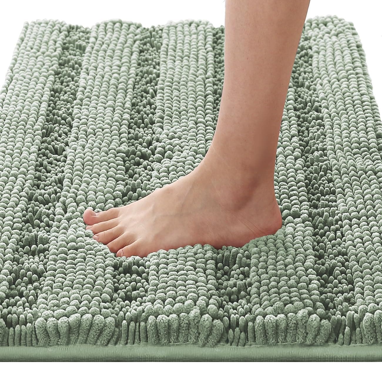 HVERSAILTEX Bath Mats for Bathroom Non Slip Thick Chenille Striped Bath Rug Absorbent Fluffy Soft Shaggy Rugs Washable Dry Fast Plush Mats for Indoor Bath Room Tub 17 x 24 Sage