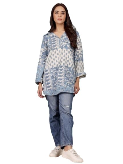 Varanga Print Cotton Blue and Off White Longline Shirt Style top