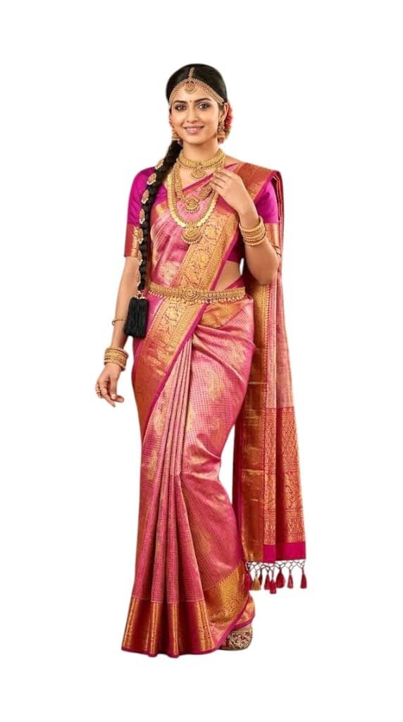 VFCollections Women's Kanchipuram Silk Pure Pattu Sarees With Blouse (Red.)