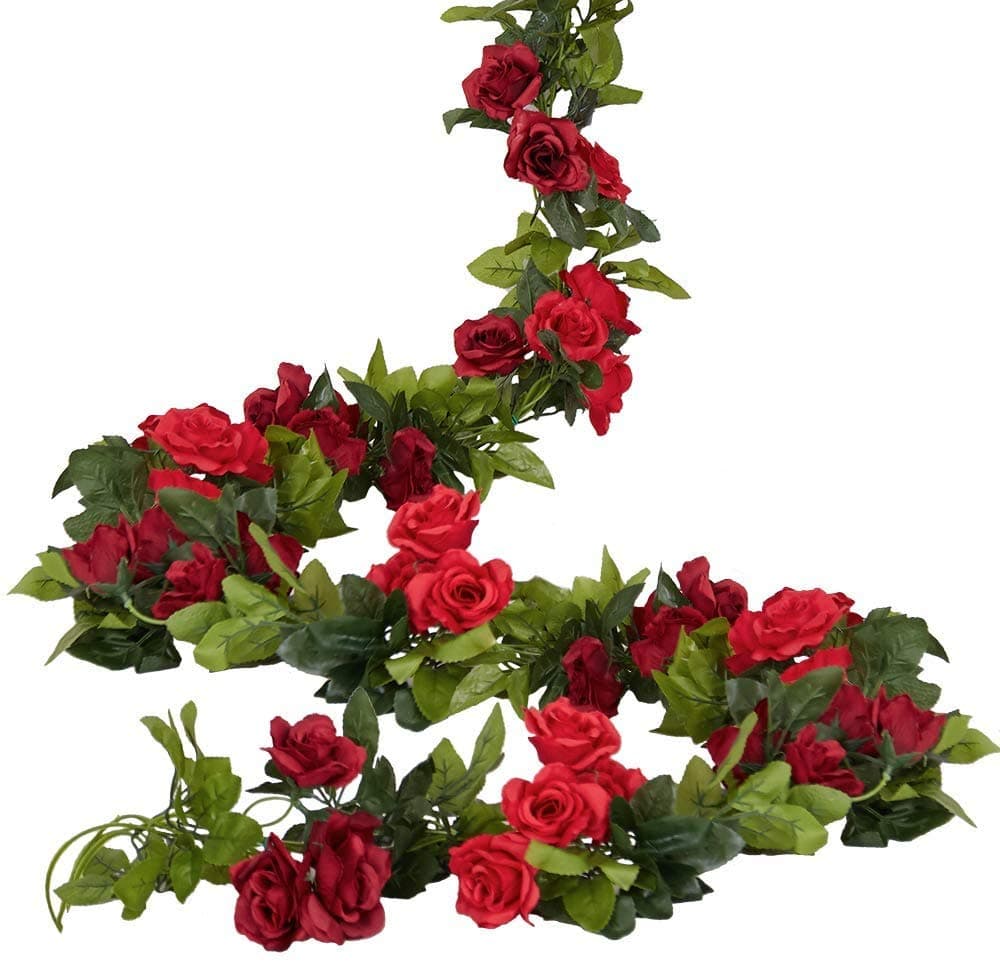 JARELING 4 Pack288 Ft Artificial Flower Garland Silk Rose Flower Vines Fake Flower Garland for Backdrop Hanging Garlands Flowers Artificial for Decoration Wedding Arch RoomRed