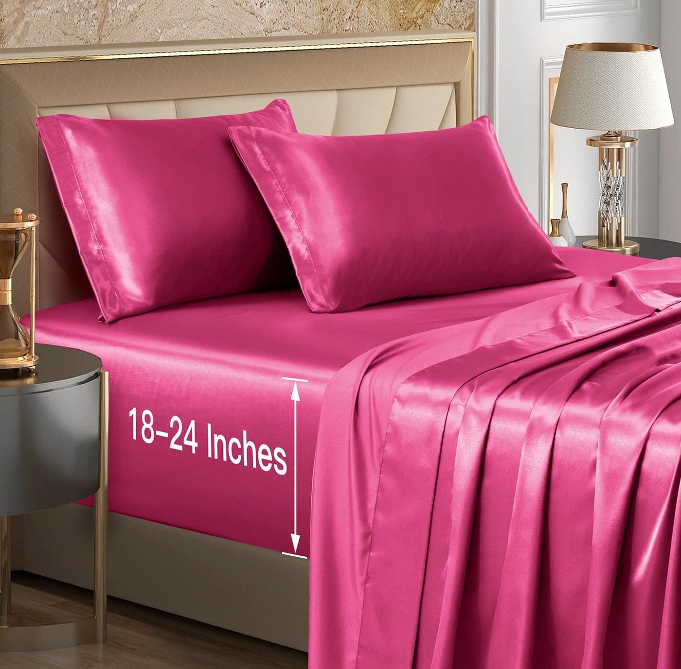 VACVELT 4pcs Extra Deep Pocket Satin Sheets Queen Size Bed Set Hot Pink Satin Sheet Set Fit 1824 Inch Deep Pocket Mattress Silky Luxury Satin Bedding Set Soft Ultra Deep Fitted Sheet Set