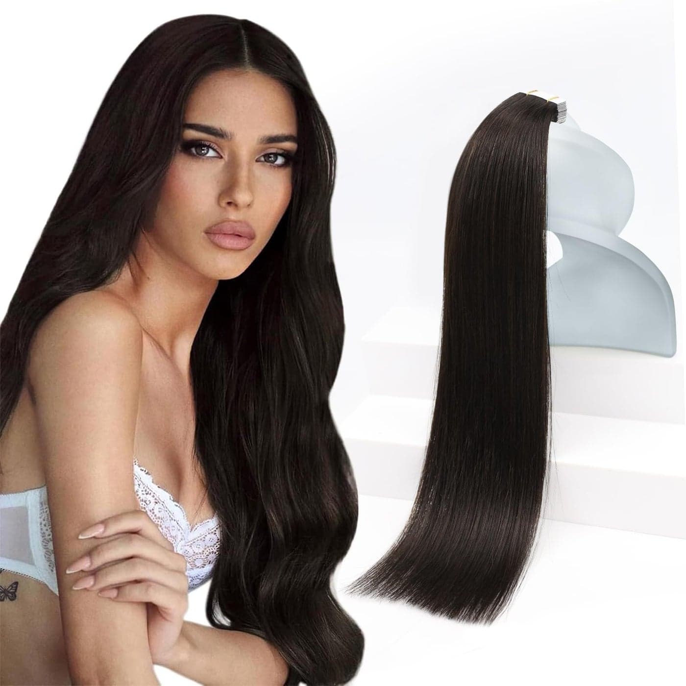 Sunny Hair Tape in Hair Extensions Real Human Hair Invisible Remy Hair Extensions Tape ins for Women Darkest Brown 12 inch 20Pcs