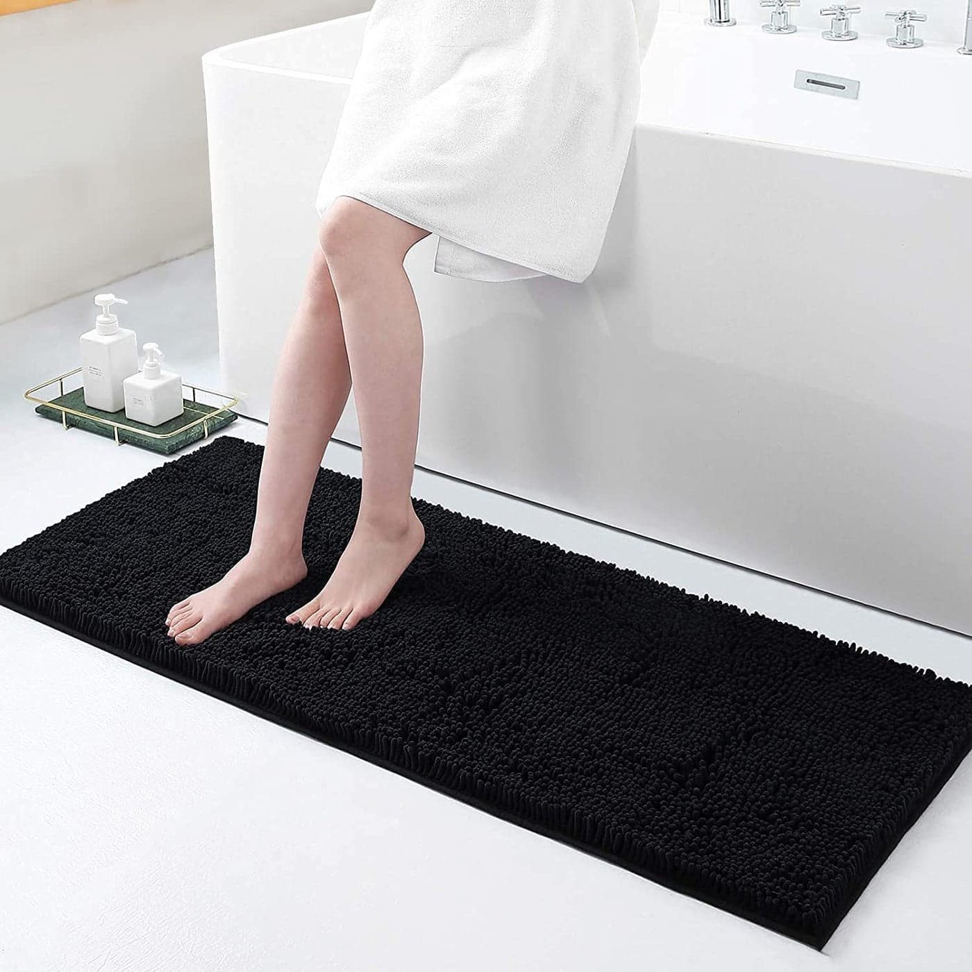 Smiry Luxury Chenille Bathroom Rugs 47x17 Extra Soft and Absorbent Shaggy Bath Mat Machine Washable NonSlip Plush Carpet Runner for Tub Shower and Floor Home Decor Accessories Black