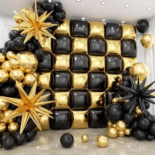 HKYOOD 36pcs Gold and Black Square Foil Balloons Wall Backdrop with 147pcs Balloon Garland Arch Kit Double Sided Balloons for Birthday Bridal Shower Anniversary New Year Graduation Party Decorations