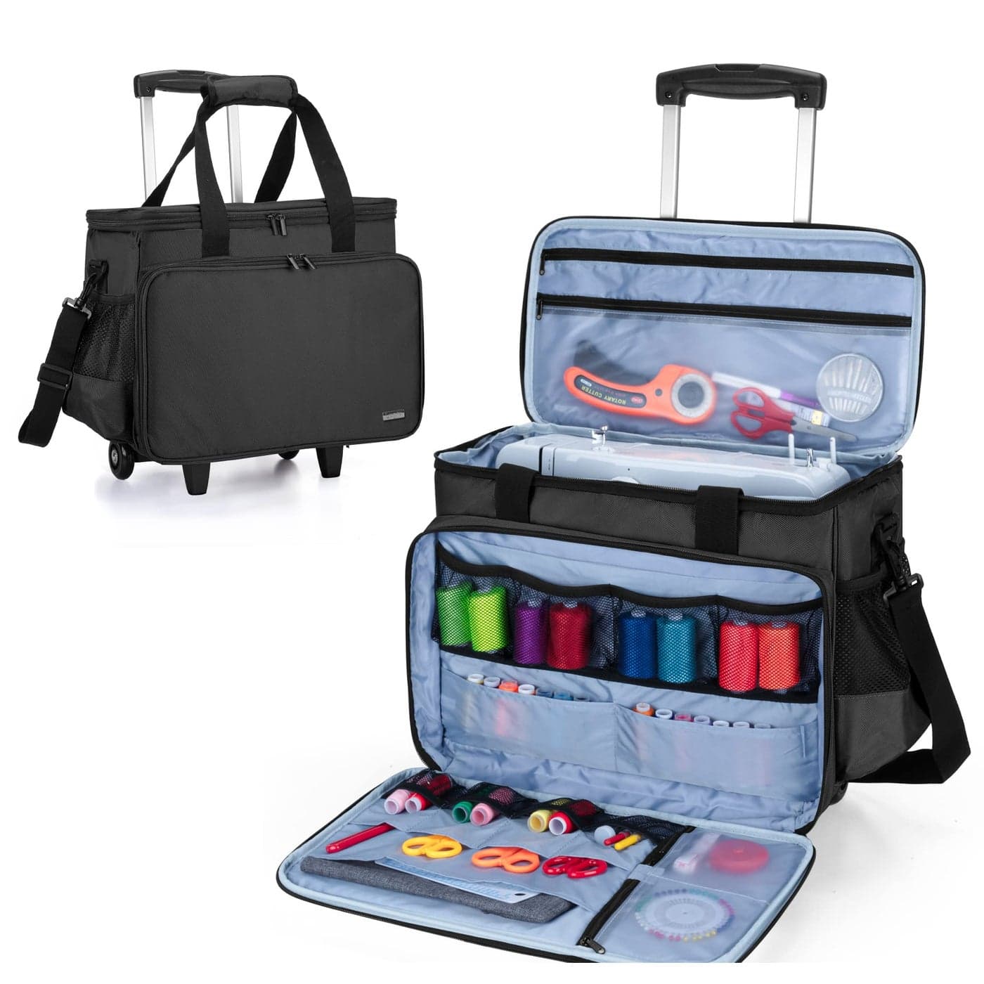 LUXJA Sewing Machine Case with Detachable Dolly and Removable Bottom Pad Rolling Tote Fits Most Standard Machines Black