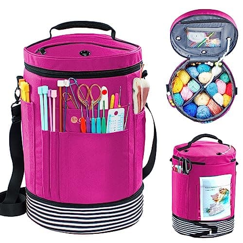 MYBAGZING Expandable Crochet Bag-Knitting Bag Yarn Storage Organizer - and Tote, Holder for Crocheting, Accessories, Suppliers, Needles with Zipper Closure-Ideal Gift, Pink-Ⅱ, Medium-Zipper Closure