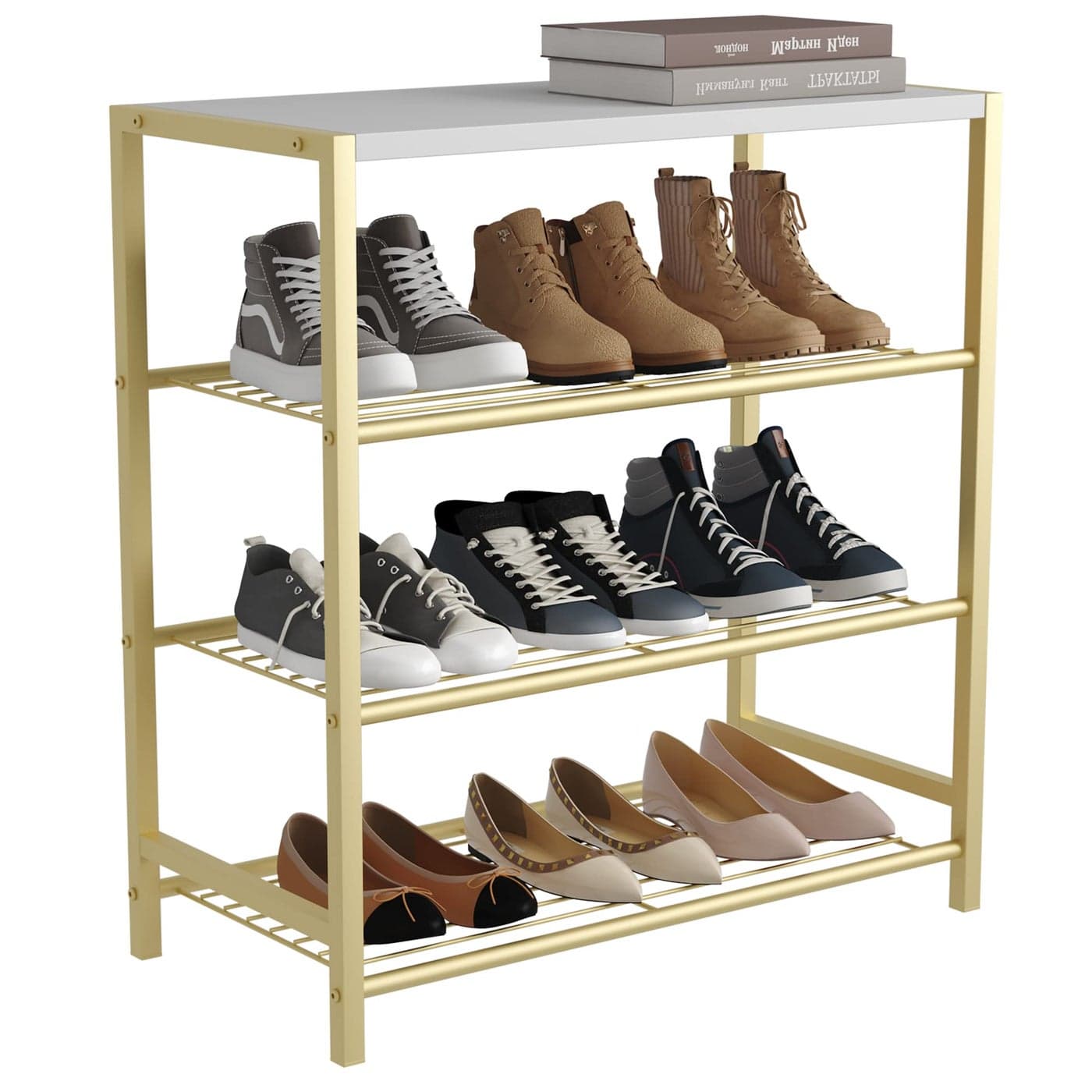 HOMEFORT 4Tier Shoe Rack Shoe Storage Shelf Industrial Shoe Tower Narrow Shoe Organizer for Closet Entryway Small Shoe Rack Table with Durable Metal Shelves Gold