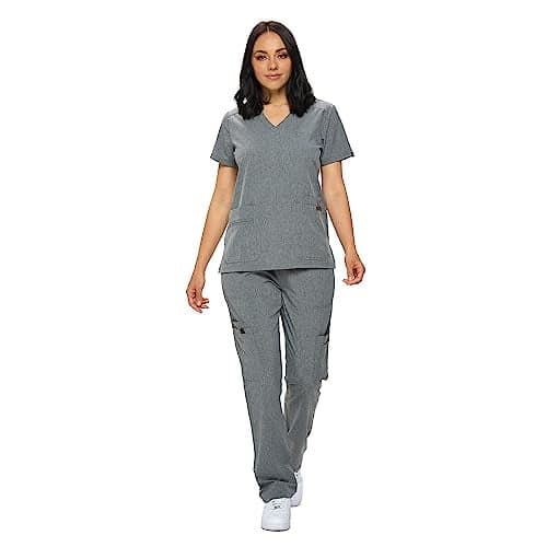 Monarch Uniforms Scrub Sets in Regular and Petite Stretchy Scrubs for Women Set of Scrub Top and Scrub pants-P-(HEATHER GREY)-M