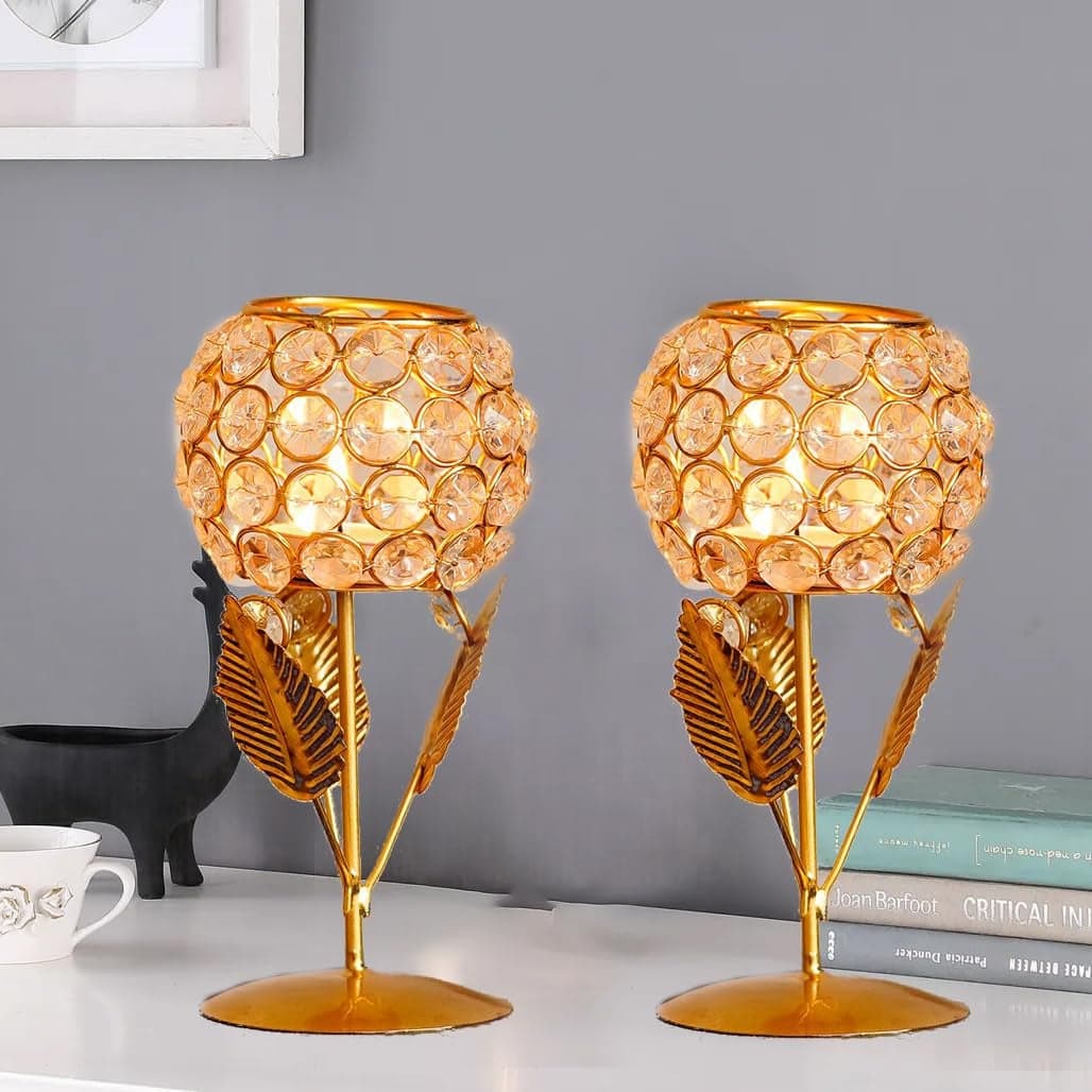 Comelyns Tealight Candle Holders Crystal Gold Brass Stand for Home Decor Flowers Diwali Decoration and Gift Pack of 2