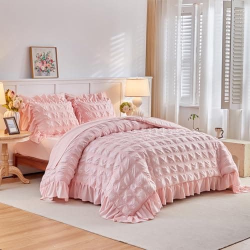 Flysheep Blush Pink Plaid Seersucker Duvet Cover Set with Wide Ruffled Fringe Twin Size, 3 Pieces Soft Bedding Set for All Season, Twin Farmhouse Bed Set with Ruffle Shams (Blush Pink, Twin)