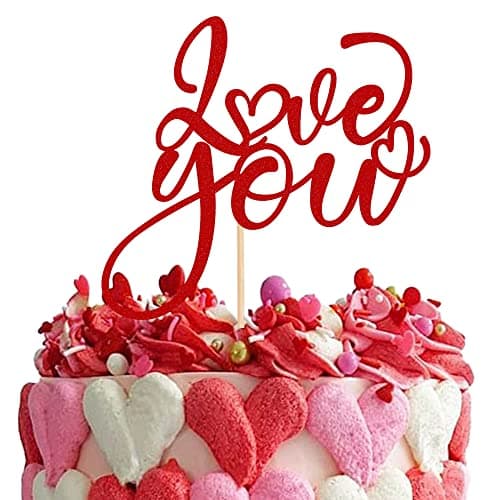 Festiko®1 Pack Love You Valentine's Day Cake Topper Glitter Sweet Love Wedding Bridal Shower Cake Picks Decorations for Valentine's Day Love Theme Kids Birthday Party Supplies Red