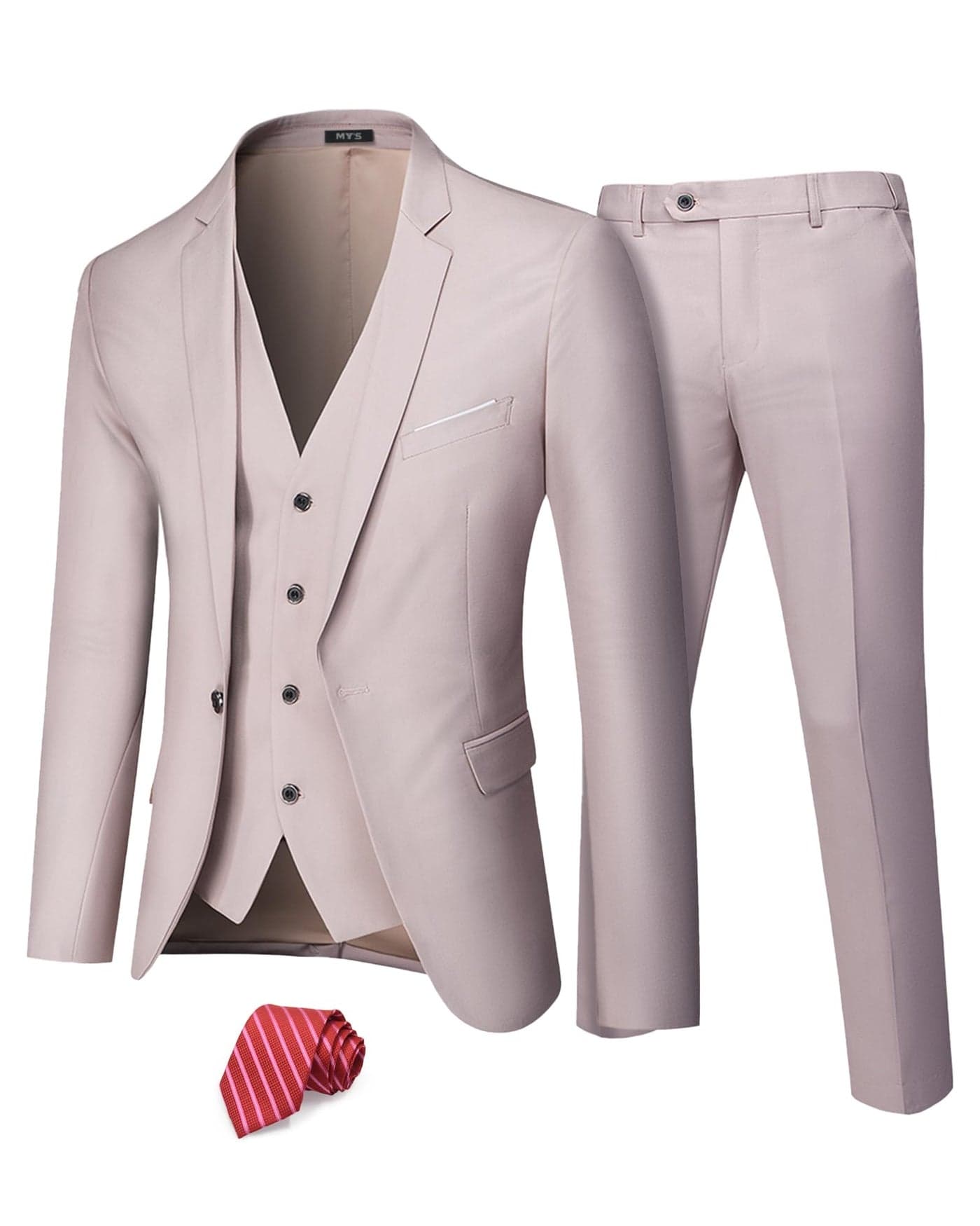 MYS Mens 3 Piece Suit Set with Tie One Button Slim Fit Jacket Vest Pants Party Wedding Prom Blazer Waistcoat Trousers Beige XLarge