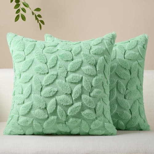 Softalker Spring Summer Throw Pillow Covers 18 x 18 Inch Set of 2 Green Leaves Soft Plush Faux Fur Cushion Covers 3D Embroidered Pillow Cases for Couch Bedroom Living Sofa Room Home Decor Sage
