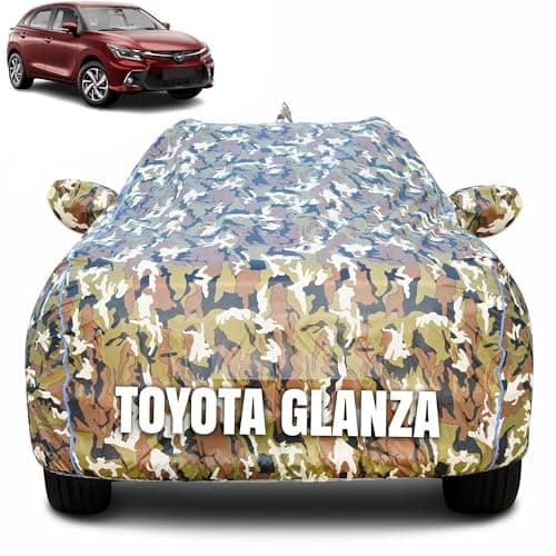 CABIUS 100% Waterproof Car Body Cover for Toyota Glanza (2022-2025) with Mirror Pocket (Heat & UV Resistant, Triple Stitched, Soft Lining, Bottom Elastic & Piping) Camouflage, Military Print