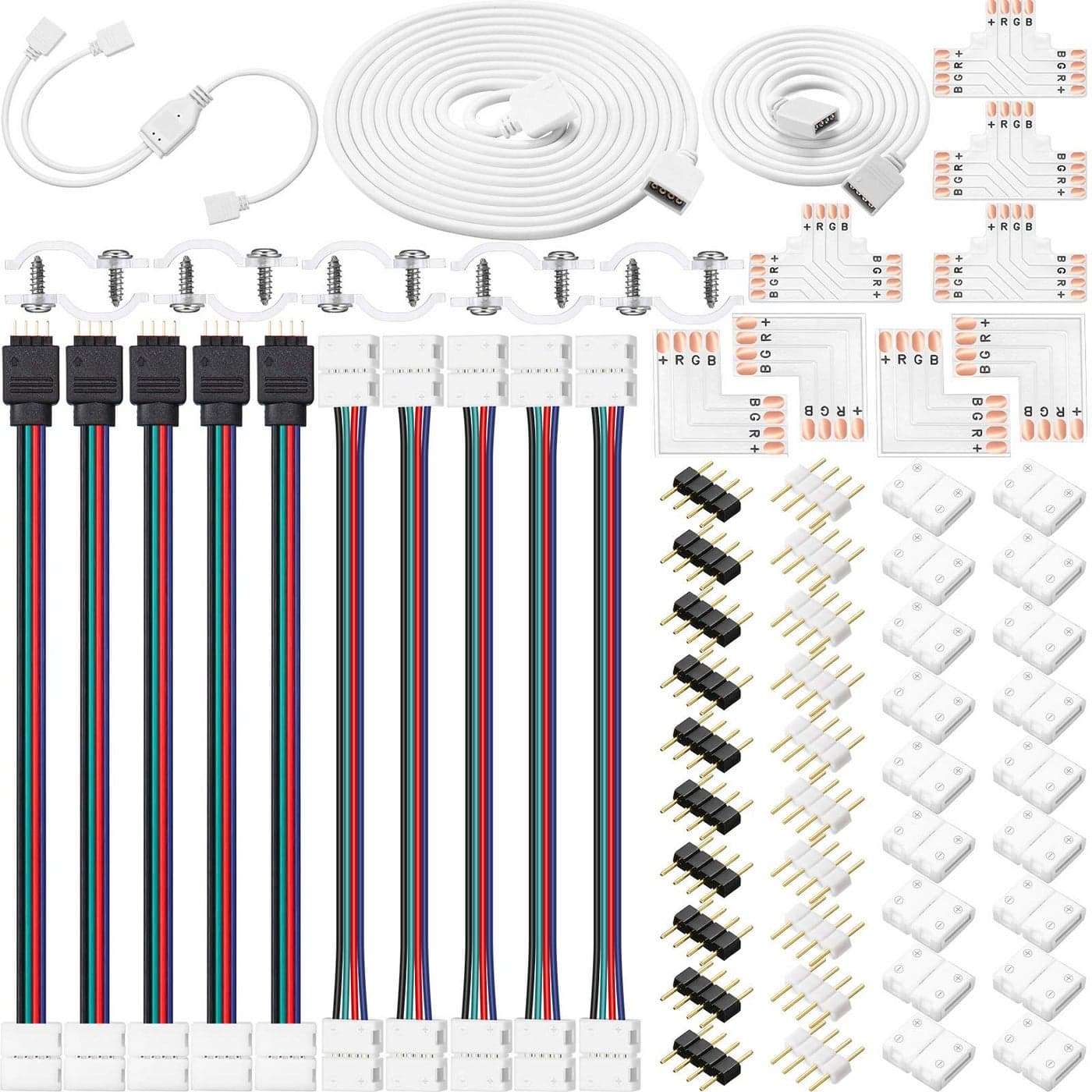 Honoson 5050 4 Pin RGB 10mm LED Strip Connector Kit RGB Extension Cable LED Strip Jumper 2 Way RGB Splitter Cable L T Gapless 4 Pin Male Connectors with Clips