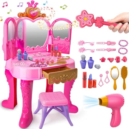 Toddler Vanity Magic Makeup Set Table Chair Girl Toy Automatically Mirror with Music Light Pink Toys for 2 3 4 Year Old Girl Hair Salon Pretend Play Princess Dress Up Playset Valentine Gift Age 35