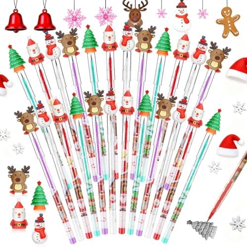 Zonon 48 Pieces Christmas Pencils Bulk Multi Point Stackable Push Pencil with Toppers Santa Claus Snowman Elk Pens for Kids Classroom Rewards School Party SuppliesChristmas Stocking Stuffer