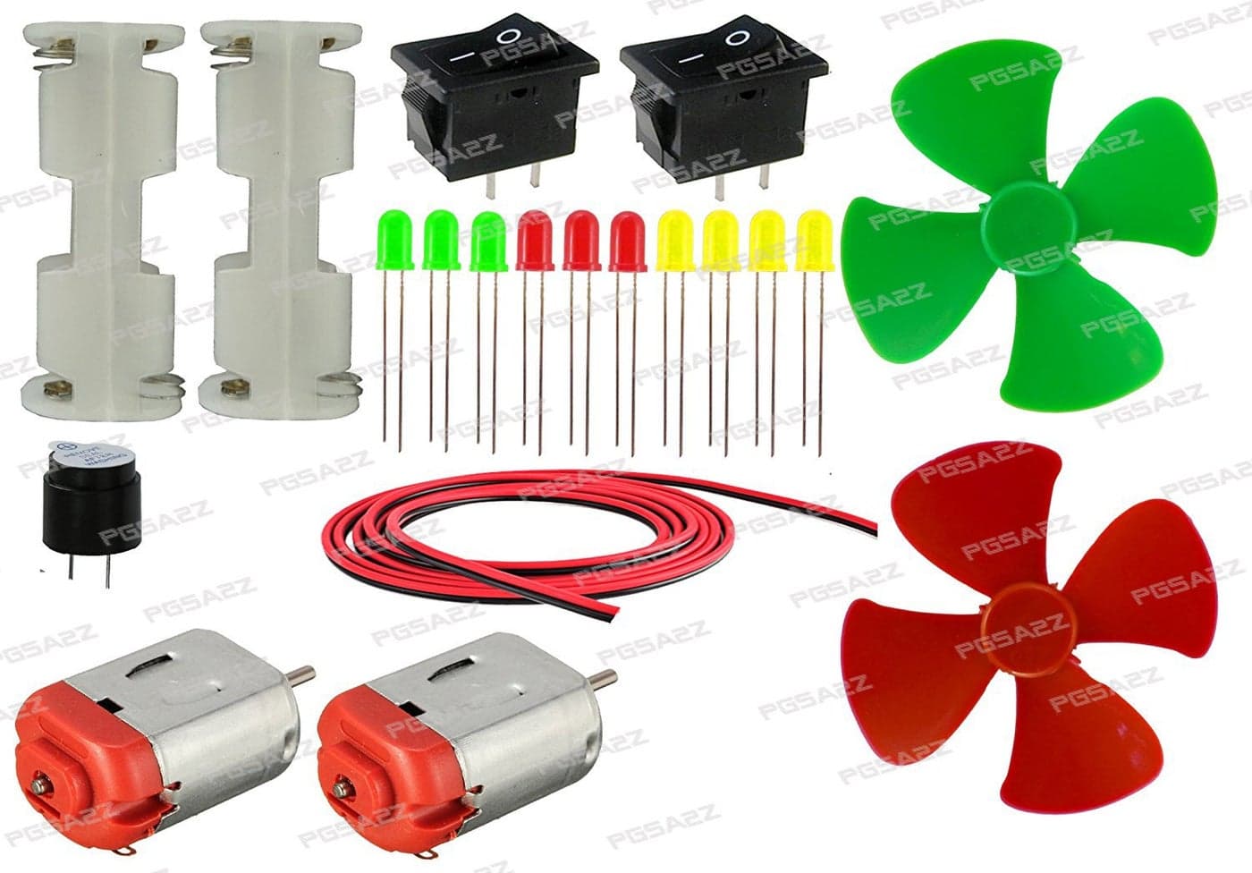 pgsa2z™ basic motor led hobby-kit - set of 20 items in 1 kit (2 dcmotor+2 battery holder+2 switch+buzzer+10 leds+2 propeller+wire) (Multi color)
