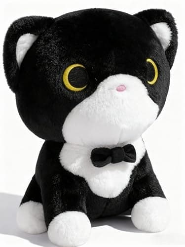 LSYDCARM Tuxedo Cat Plush Toy Black and White Cat Stuffed Animal with Bow Tie Anime Plushies for Girls and Boys Cute Soft Stuffed Cat Plushie Toys for Kids Birthday Party