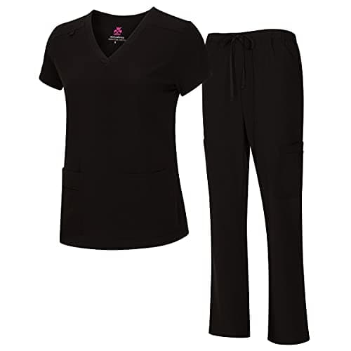 Natural Uniforms Women's Cool Stretch V-Neck Top and Cargo Pant Set (Black, X-Large)