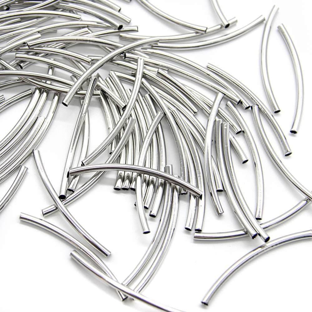AUEAR 100 Pack 3 x 50mm Long Tube Beads Plated Metal Curved Noodle Spacer Bead for DIY Bracelet Necklace Jewelry Making Silver